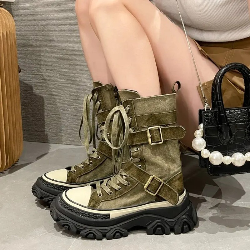 Sewing Latex - Kalın Platform Kadın Botları Vintage Kanvas